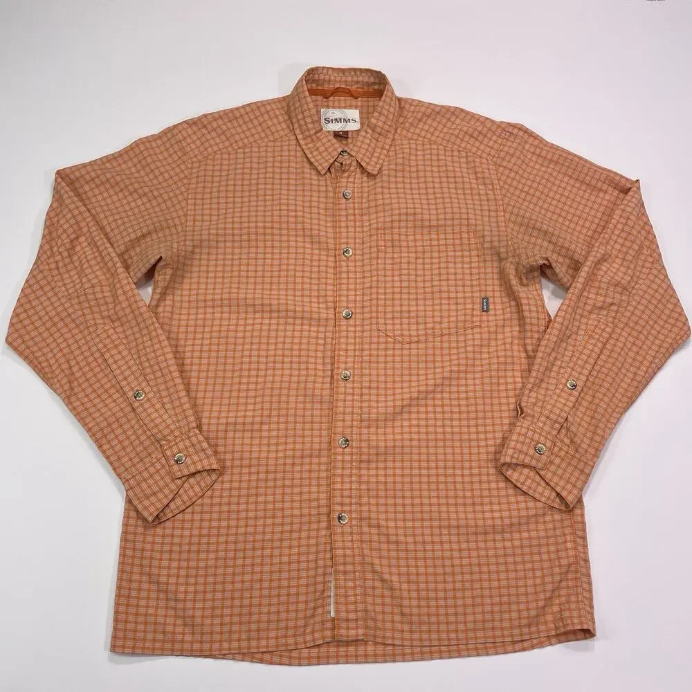 Simms Performance Shirt Mens Medium Orange Plaid Long Sleeve Fishing Outdoors